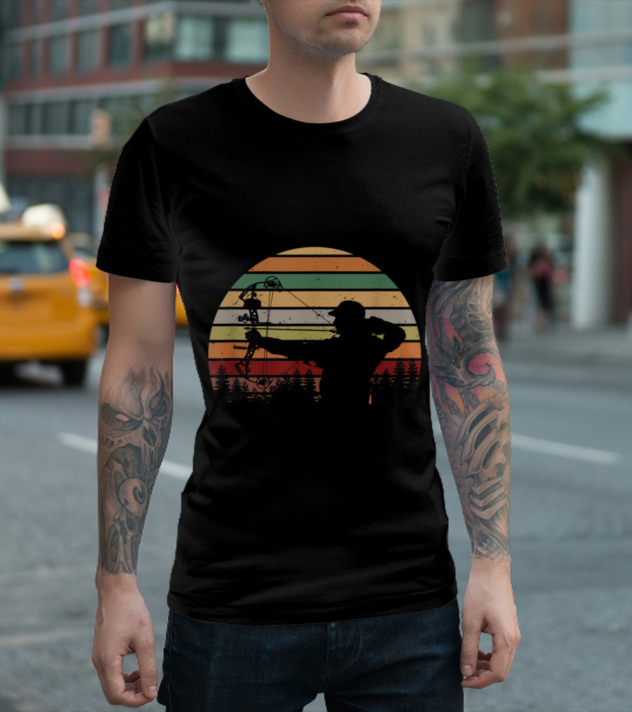 Sunset Silhouette Compound Bow Hunter Funny Mens Huntin Scene T-Shirt