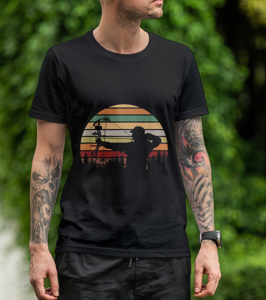 Sunset Silhouette Compound Bow Hunter Funny Mens Huntin Scene T-Shirt