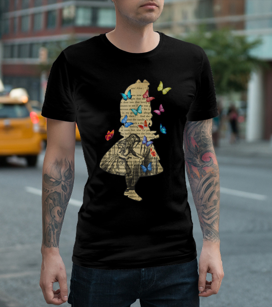 Alice In Wonderland Text Silhouette With Colorful Butterflies Classic T-Shirt