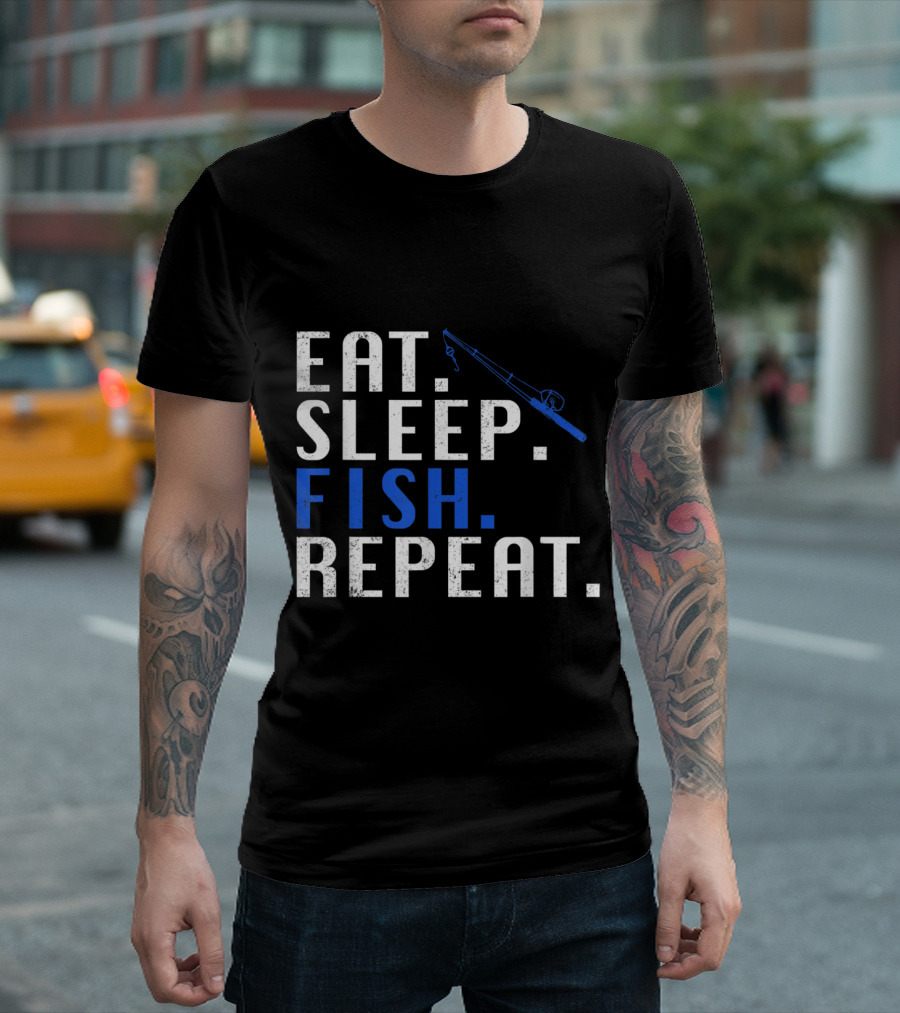 Eat Sleep Fish Repeat Funny Cool Fishing Rod T-Shirt