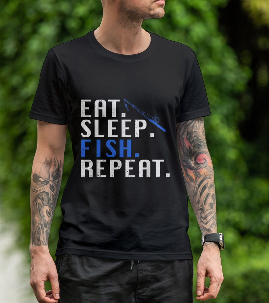 Eat Sleep Fish Repeat Funny Cool Fishing Rod T-Shirt