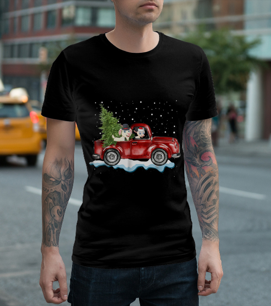 Vintage Red Pickup Truck Goat Christmas Tree Snowy Night Scene T-Shirt