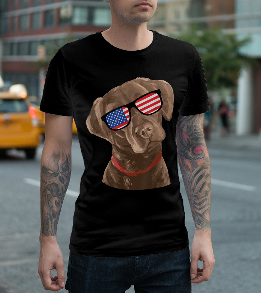 Chocolate Labrador Wearing American Flag Sunglasses T-Shirt