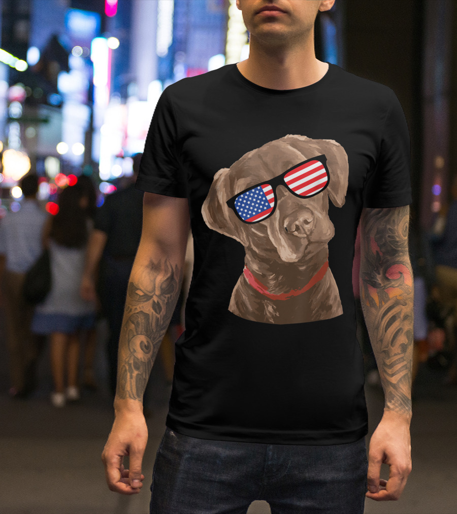Chocolate Labrador Wearing American Flag Sunglasses T-Shirt