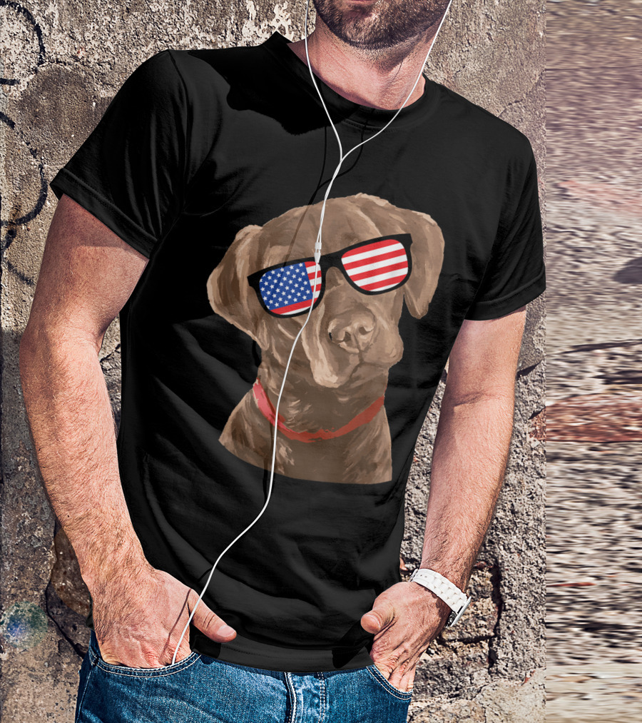 Chocolate Labrador Wearing American Flag Sunglasses T-Shirt