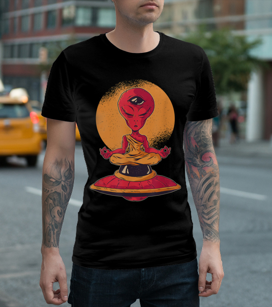 Meditating Alien Monk With Third Eye on Flying Saucer Against Sunset Background T-Shirt