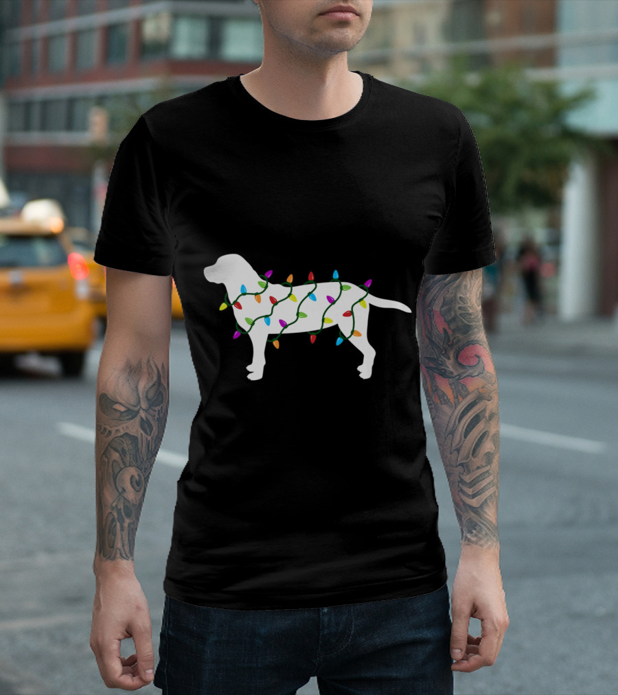 Labrador Retriever Wrapped in Colorful Christmas Lights Holiday Humor T-Shirt