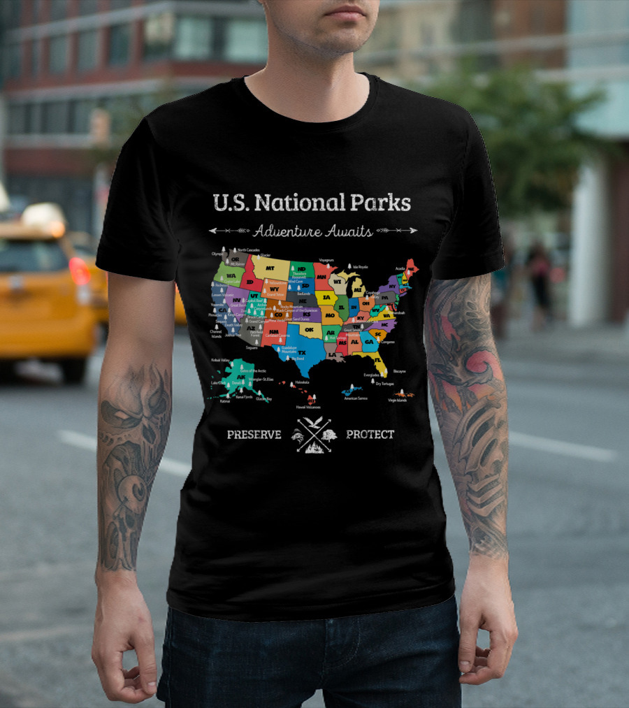 U.S. National Parks Map Adventure Awaits Preserve Protect All 59 Locations T-Shirt