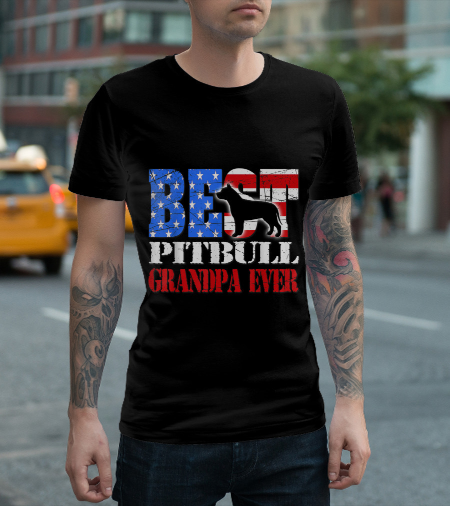 Best Pitbull Grandpa Ever Patriotic American Flag Dog T-Shirt