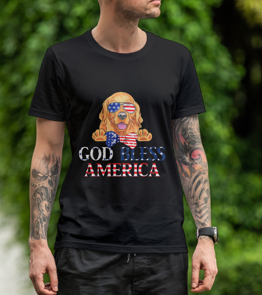 God Bless America Golden Retriever With Patriotic Sunglasses And Bow Tie T-Shirt