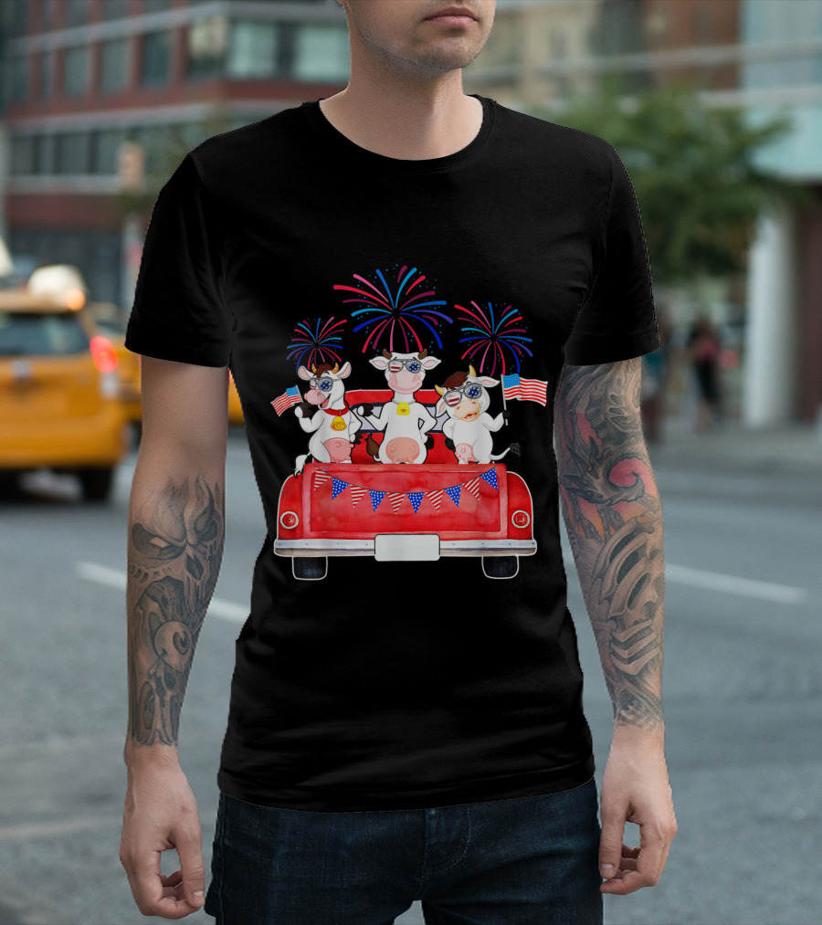 Funny Patriotic Cows with Fireworks and American Flags in Red Pickup Truck T-Shirt