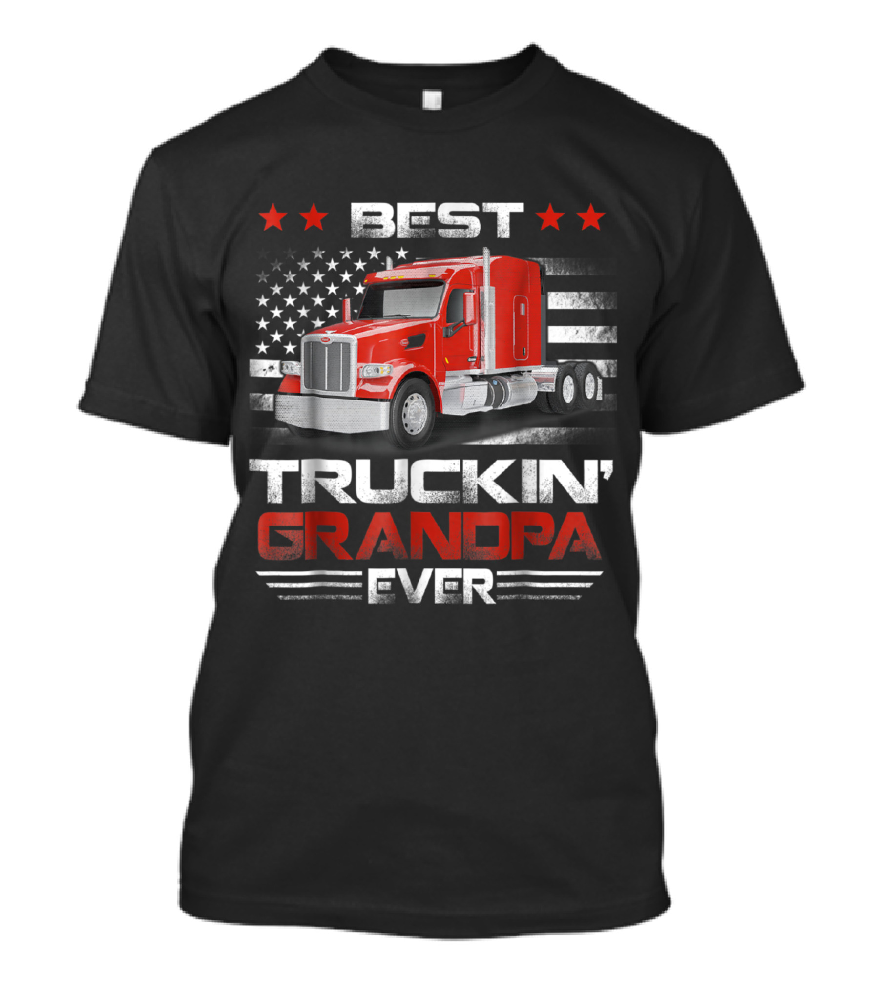 Best Truckin' Grandpa Ever Red Semi Truck American Flag Stars T-Shirt