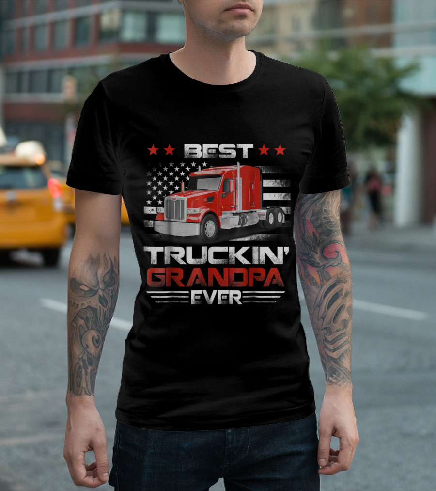Best Truckin' Grandpa Ever Red Semi Truck American Flag Stars T-Shirt