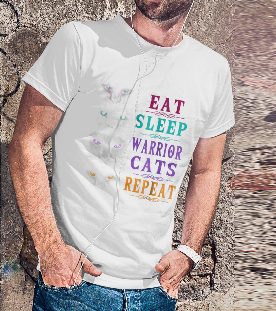 Eat Sleep Warrior Cats Repeat With Colorful Glowing Cat Eyes T-Shirt