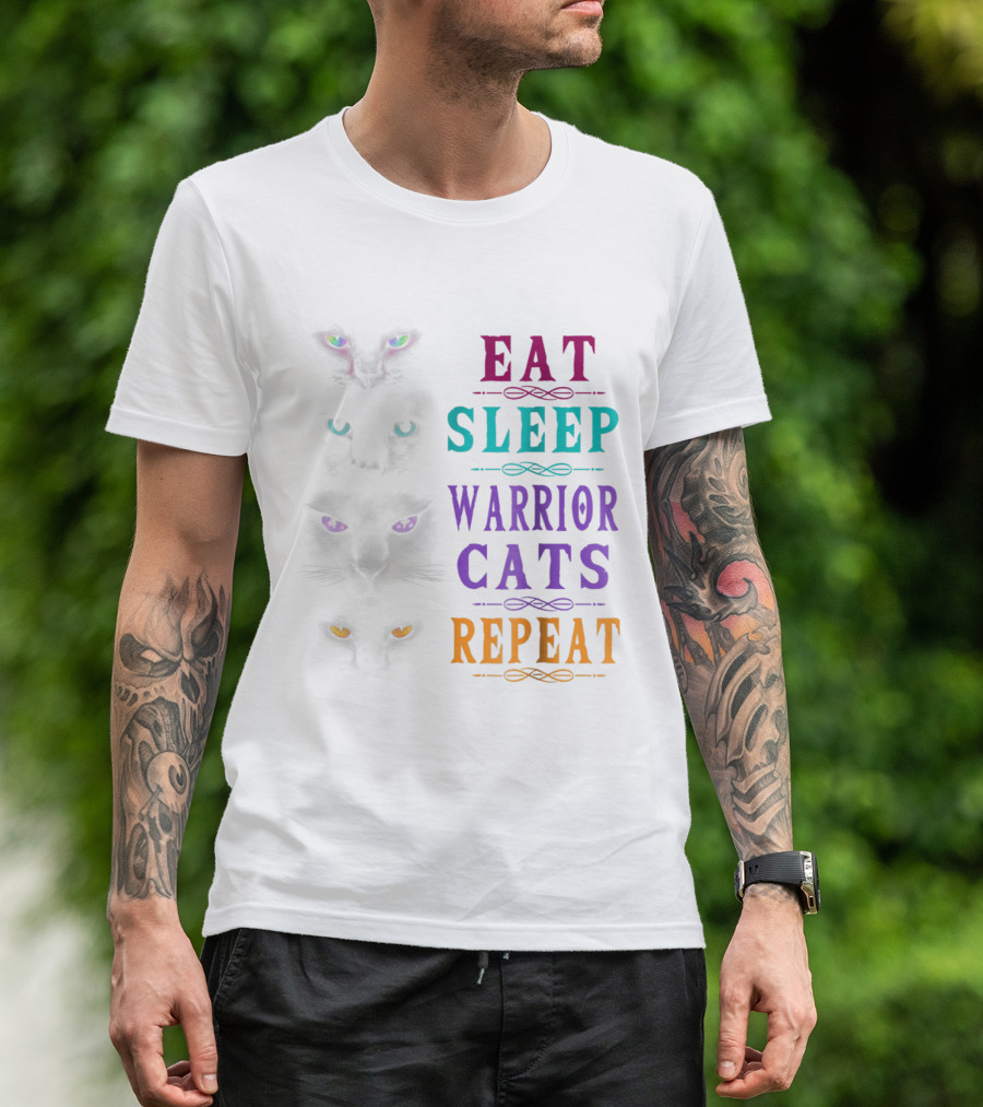 Eat Sleep Warrior Cats Repeat With Colorful Glowing Cat Eyes T-Shirt
