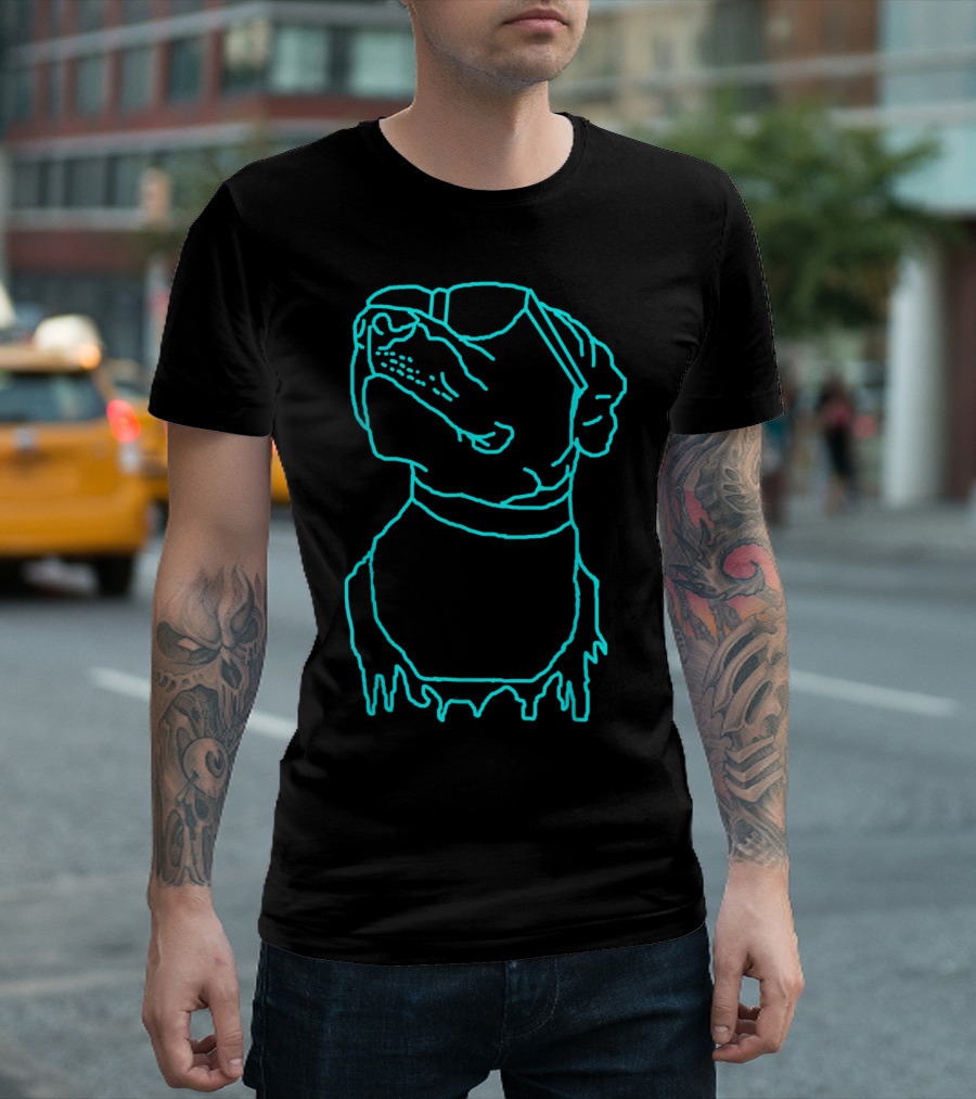 Blue Outline Of A Cool Pitbull Head With Dripping T-Shirt