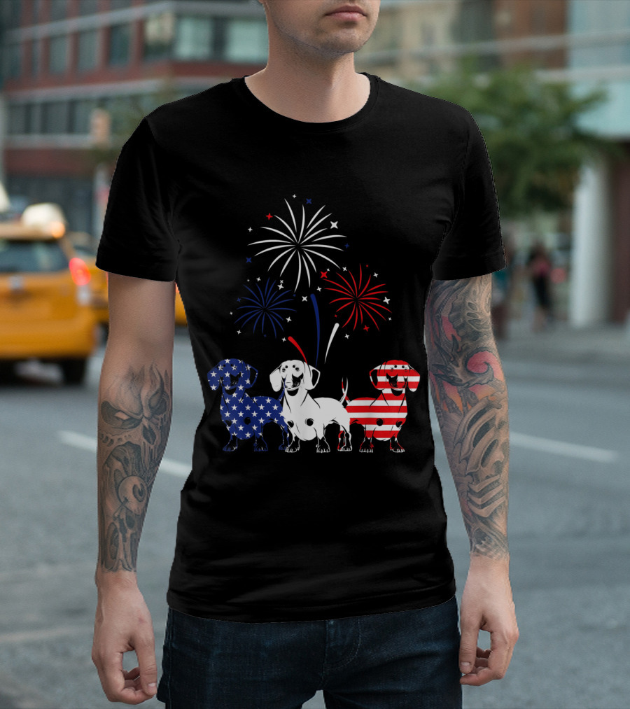 Independence Dachshund American Flag Patriotic Fireworks T-Shirt