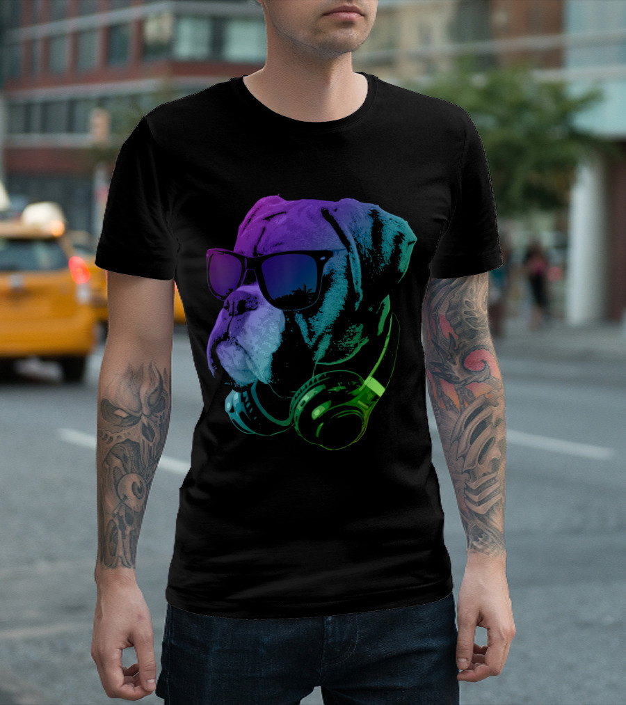 Cool Vibrant Boxer Dog with Sunglasses and Headphones T-Shirt
