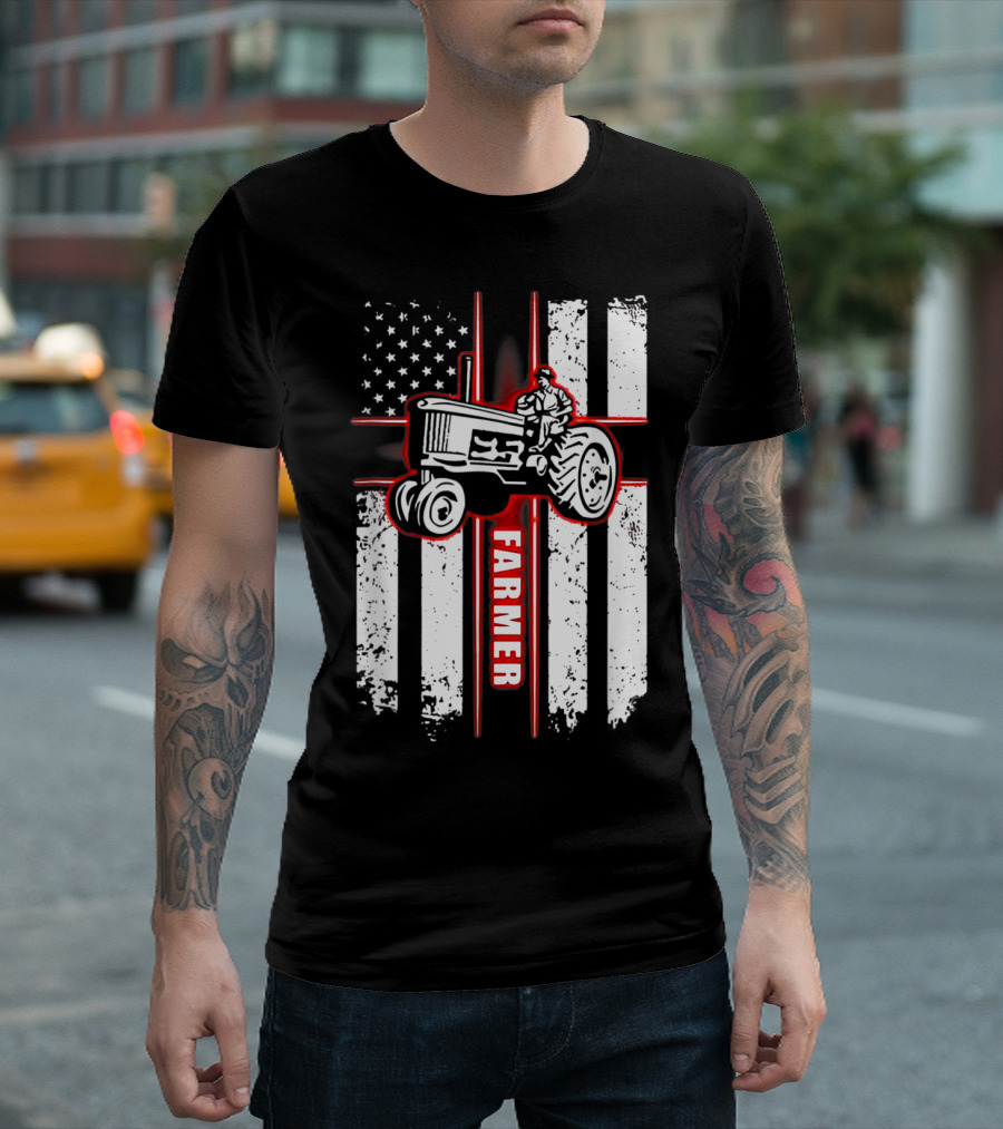 American Farmer Riding Tractor Over Patriotic Flag Stripes T-Shirt