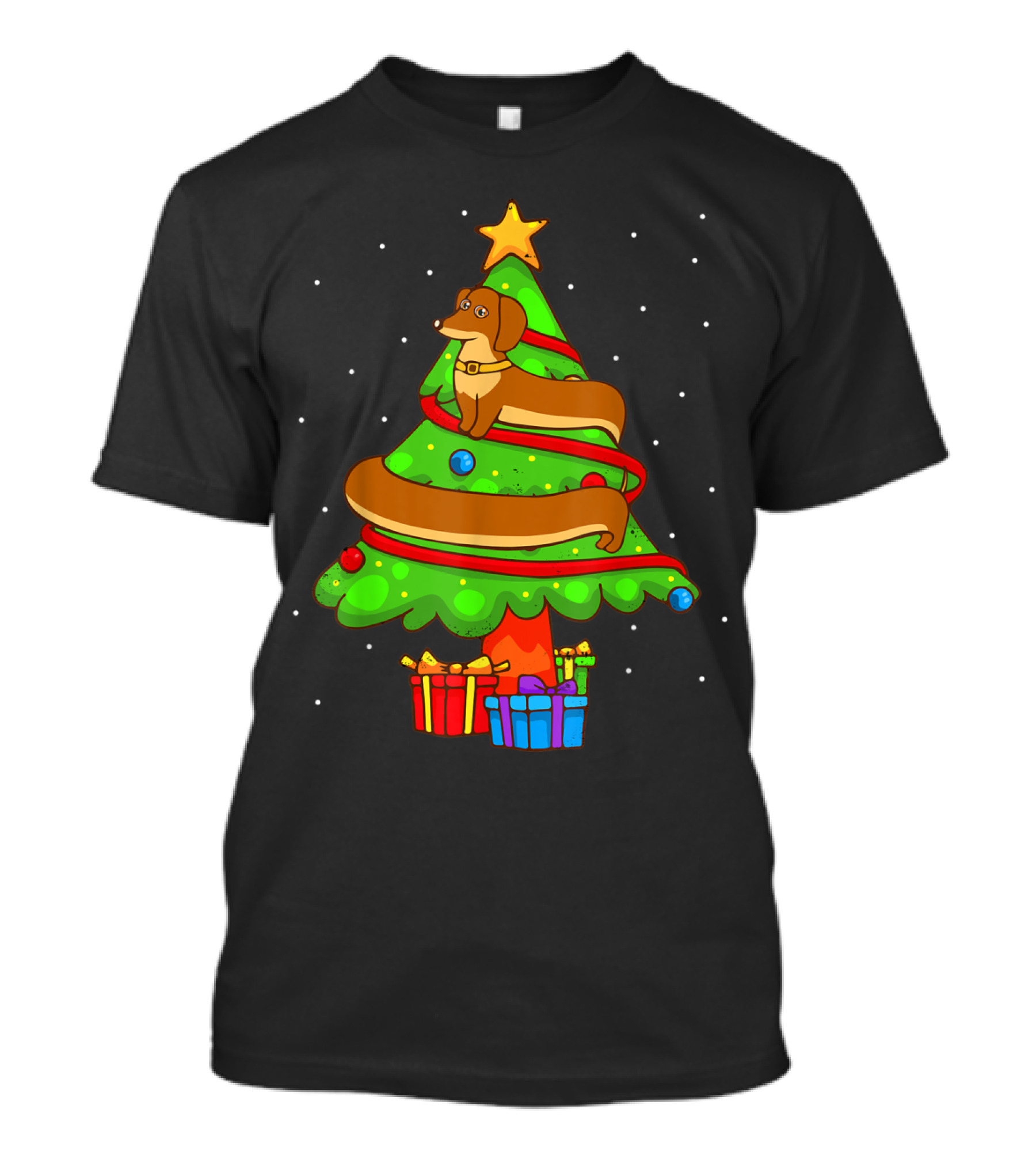 Dachshund Wrapped As Christmas Tree With Star And Gifts T-Shirt