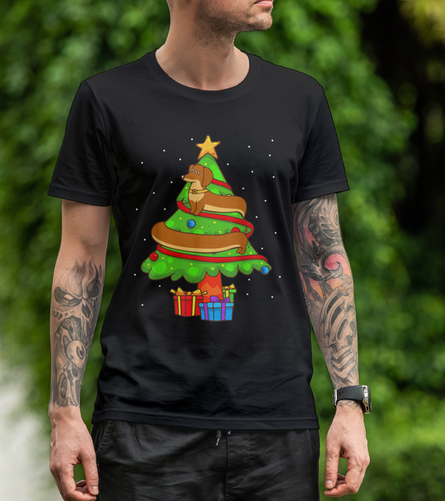 Dachshund Wrapped As Christmas Tree With Star And Gifts T-Shirt