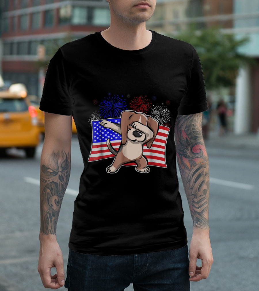 Dabbing Beagle Celebrating Independence Day With American Flag And Colorful Fireworks T-Shirt