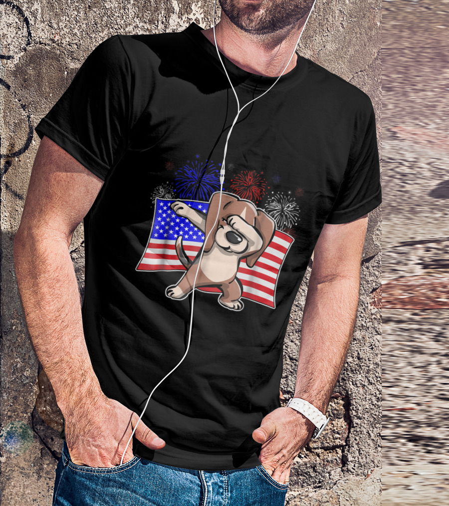 Dabbing Beagle Celebrating Independence Day With American Flag And Colorful Fireworks T-Shirt