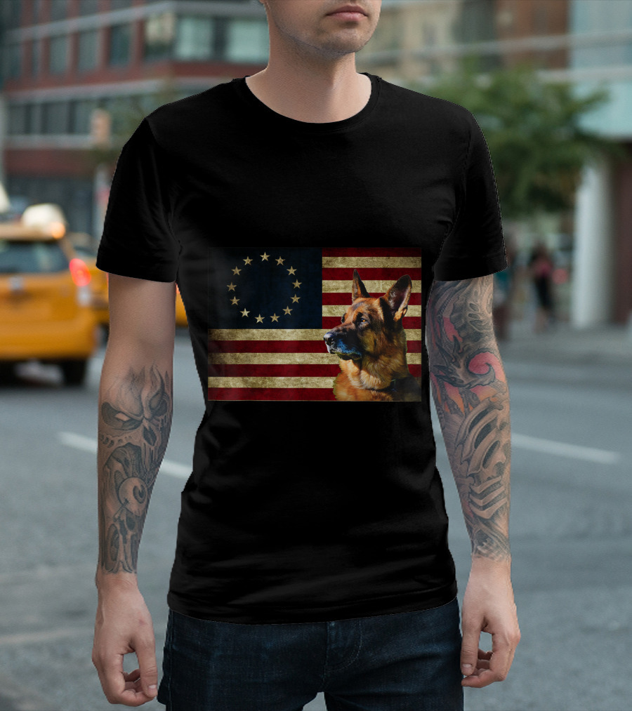 Betsy Ross Flag with German Shepherd Dog on American Flag Background T-Shirt
