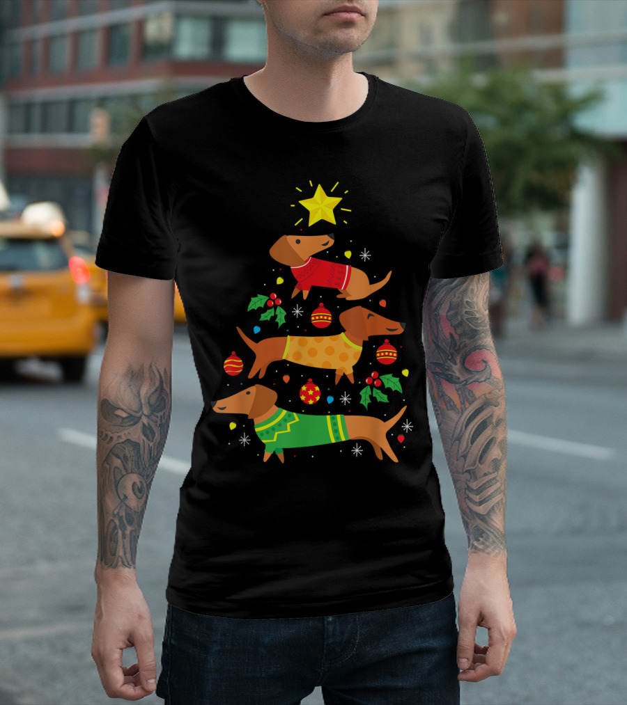 Funny Dachshund Christmas Tree Ornament with Festive Star and Holiday Sweaters T-Shirt