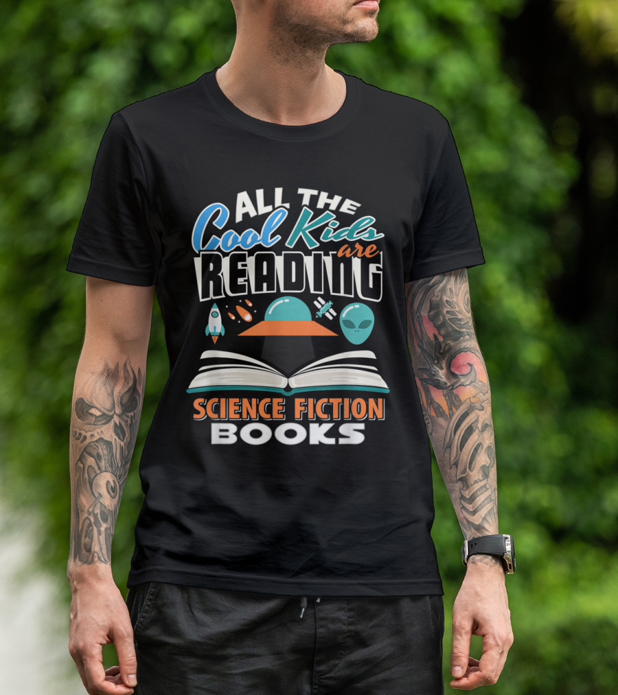 All The Cool Kids Are Reading Science Fiction Books With UFOs And Aliens T-Shirt