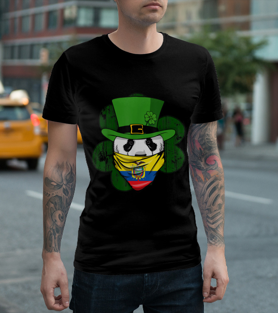Ecuadorian Flag Panda with Irish Shamrock Hat and Bandana T-Shirt