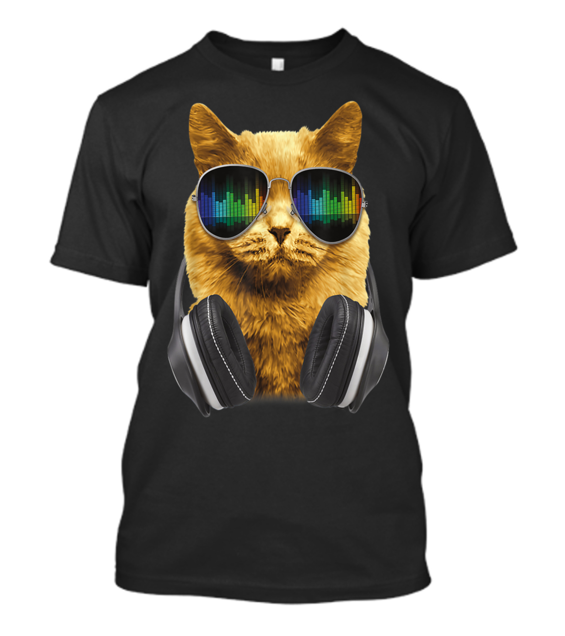 Cool DJ Cat Kitty With Sunglasses And Headphones Vibrant Sound Waves T-Shirt
