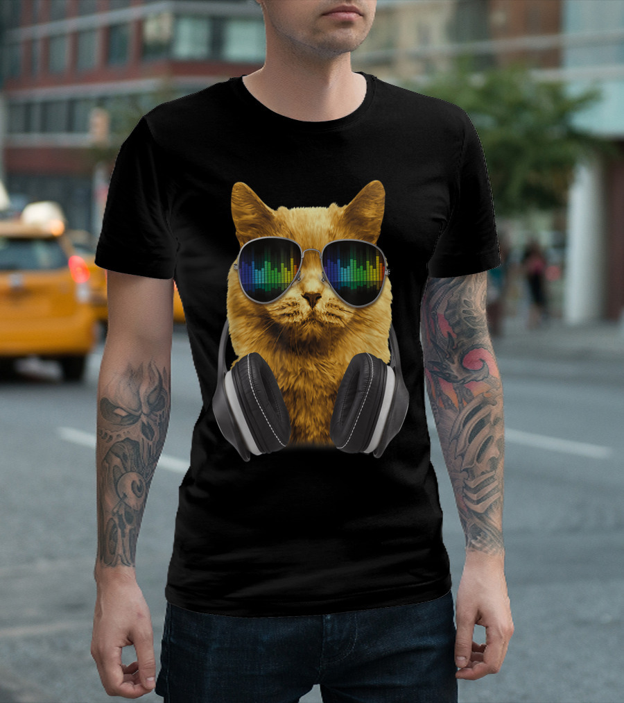 Cool DJ Cat Kitty With Sunglasses And Headphones Vibrant Sound Waves T-Shirt