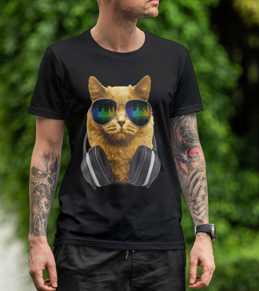 Cool DJ Cat Kitty With Sunglasses And Headphones Vibrant Sound Waves T-Shirt