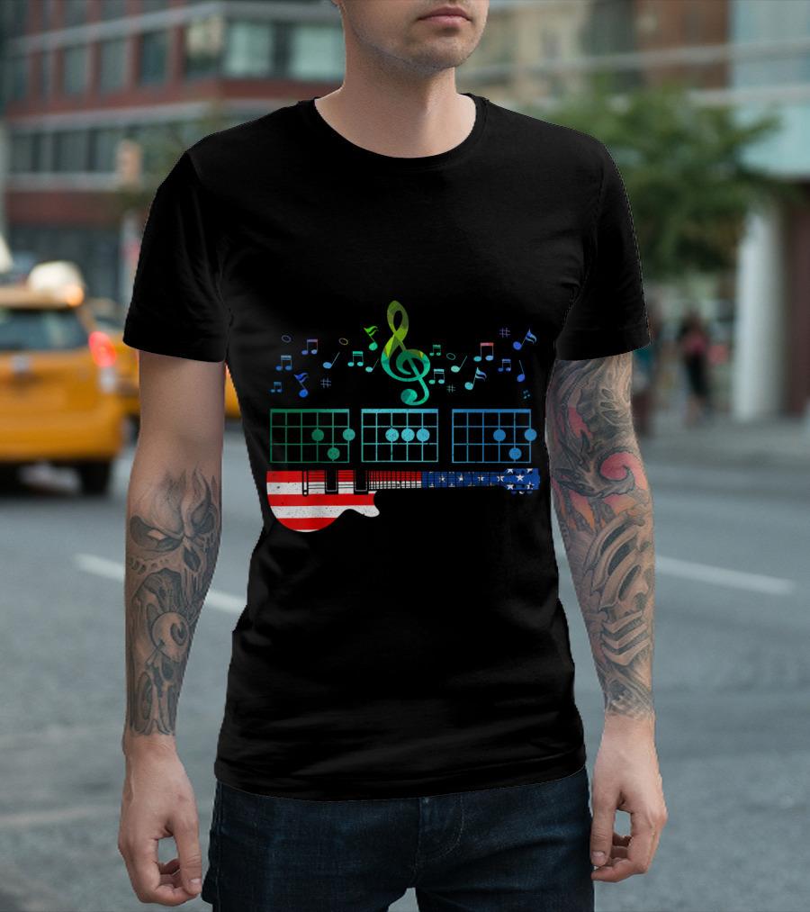 Patriotic Guitarist Fun DAD Chords With American Flag And Musical Notes T-Shirt