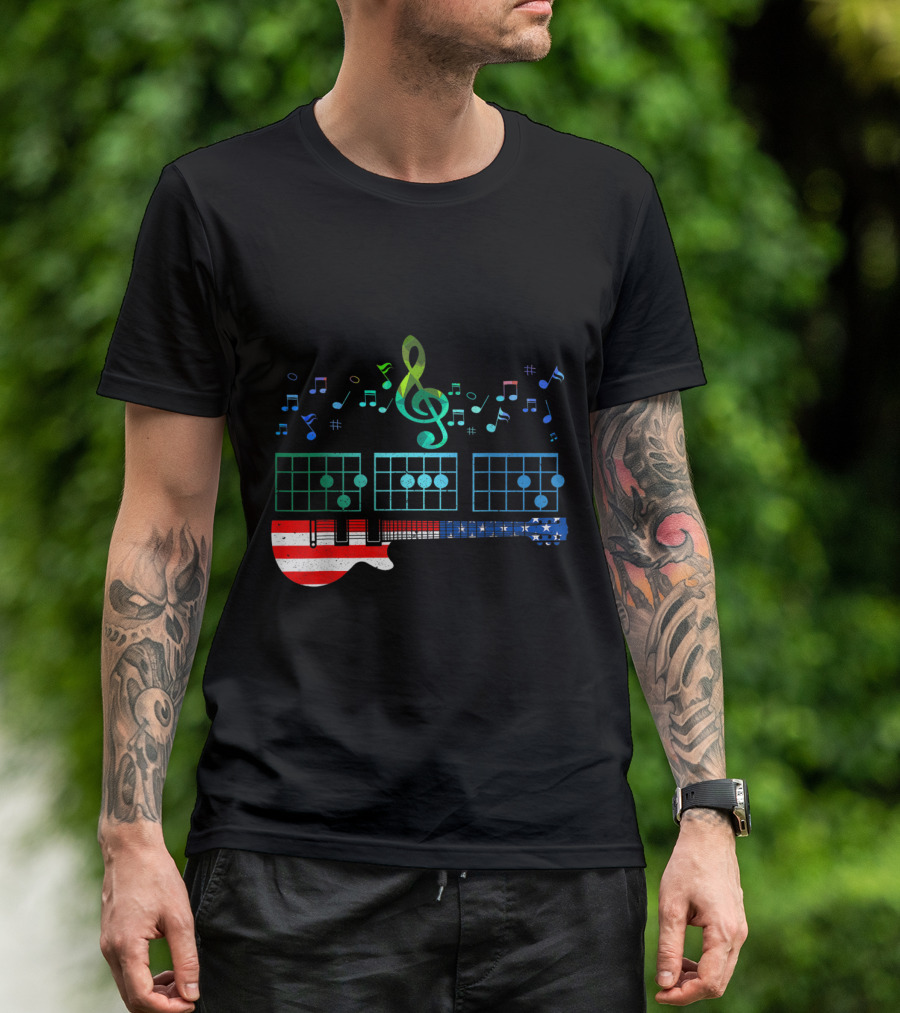Patriotic Guitarist Fun DAD Chords With American Flag And Musical Notes T-Shirt