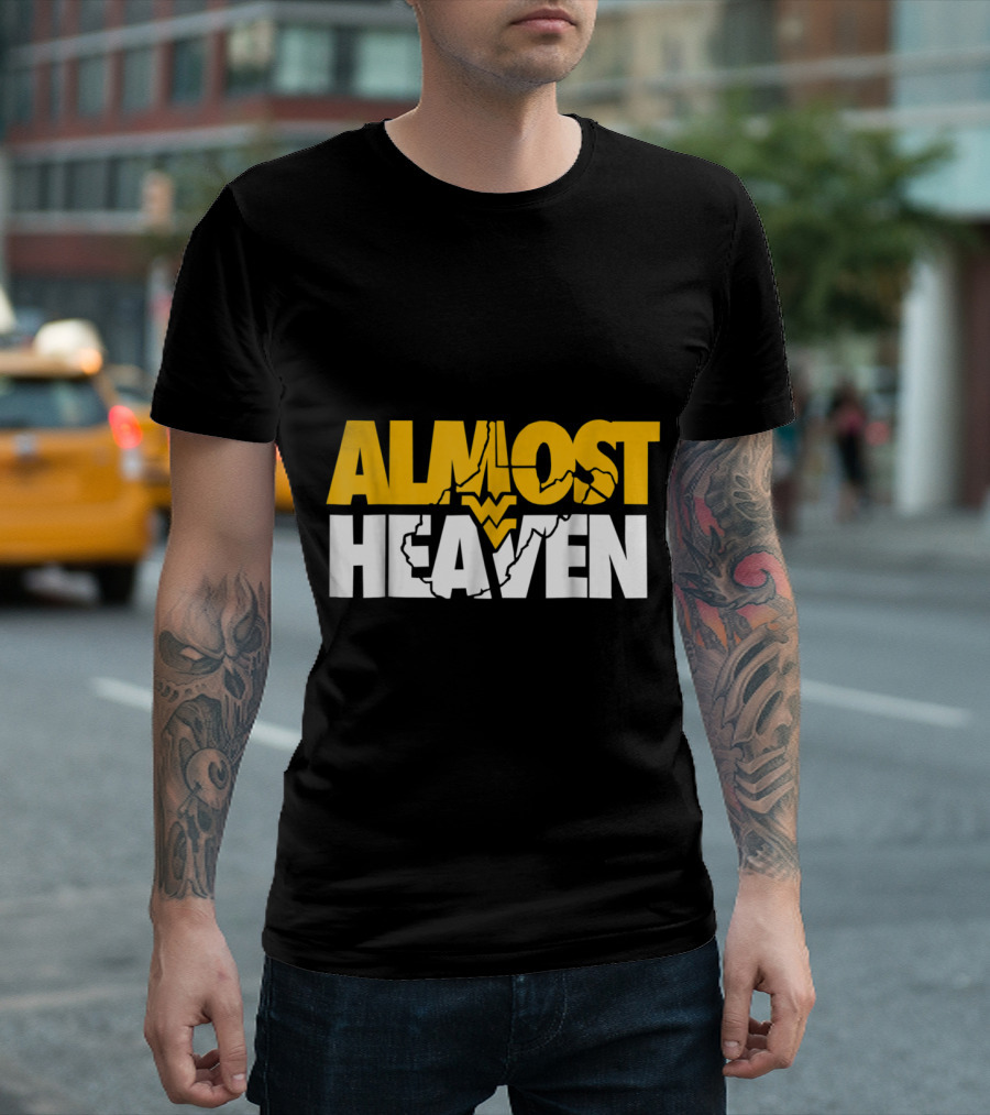 West Virginia Almost Heaven Gold and White Graphic With State Silhouette and WVU T-Shirt