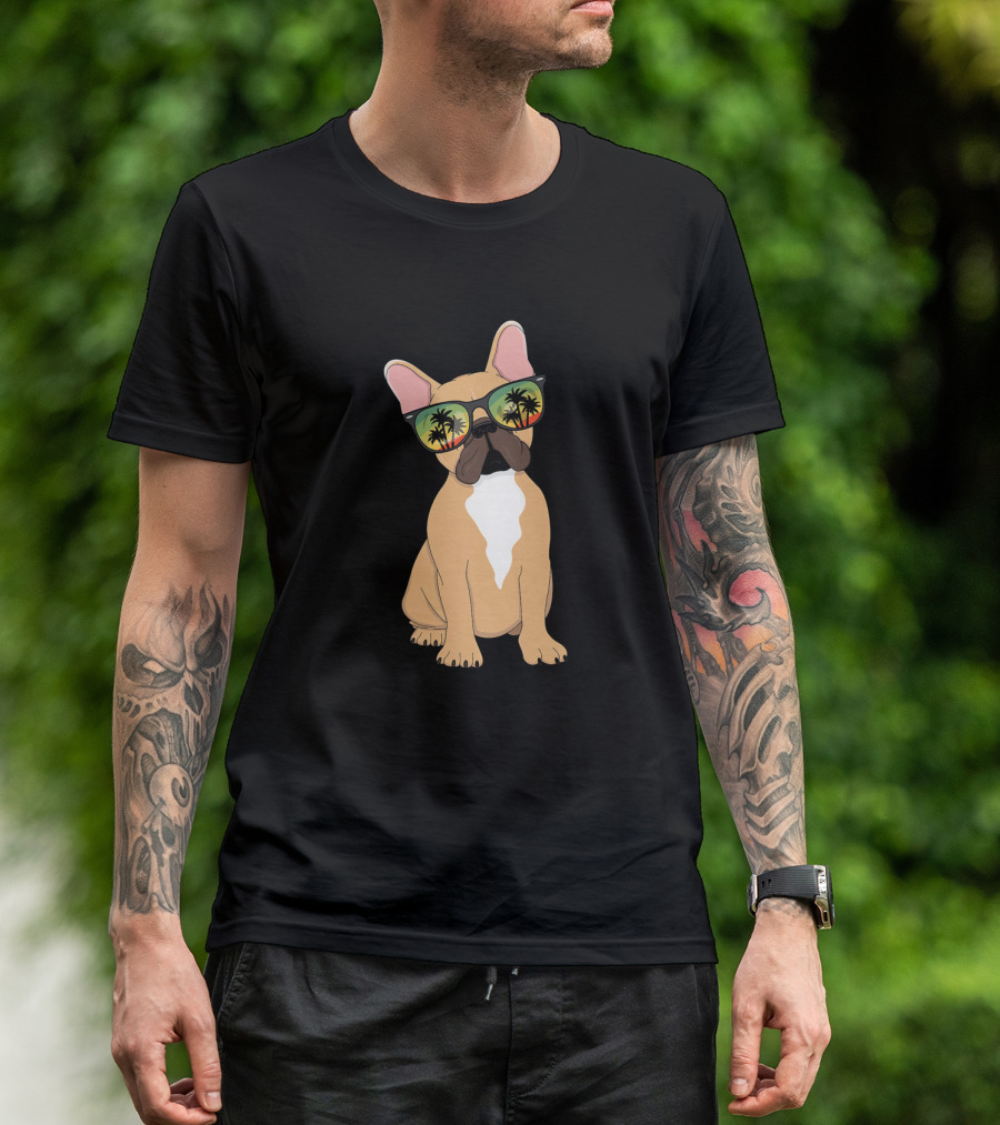 French Bulldog In Sunglasses With Palm Trees Aloha Beach Hawaii Vintage T-Shirt