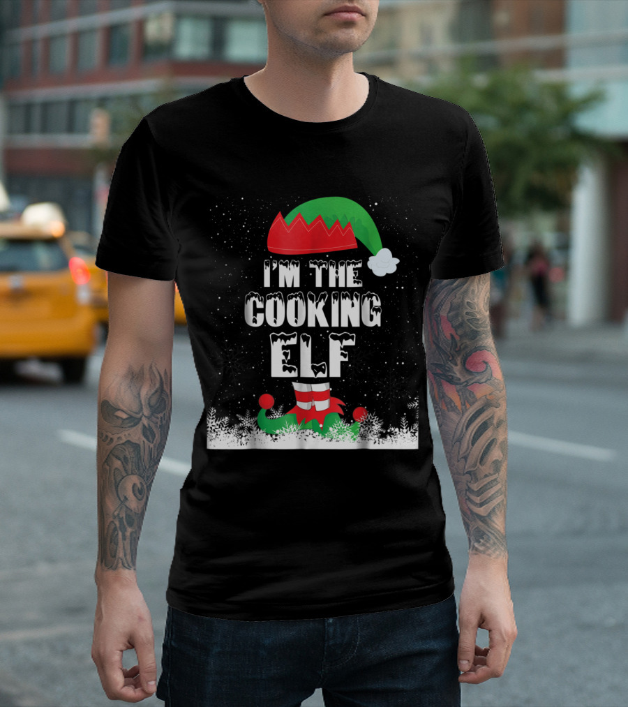 I'm The Cooking Elf Festive Snowy Design with Green and Red Elf Hat and Shoes T-Shirt