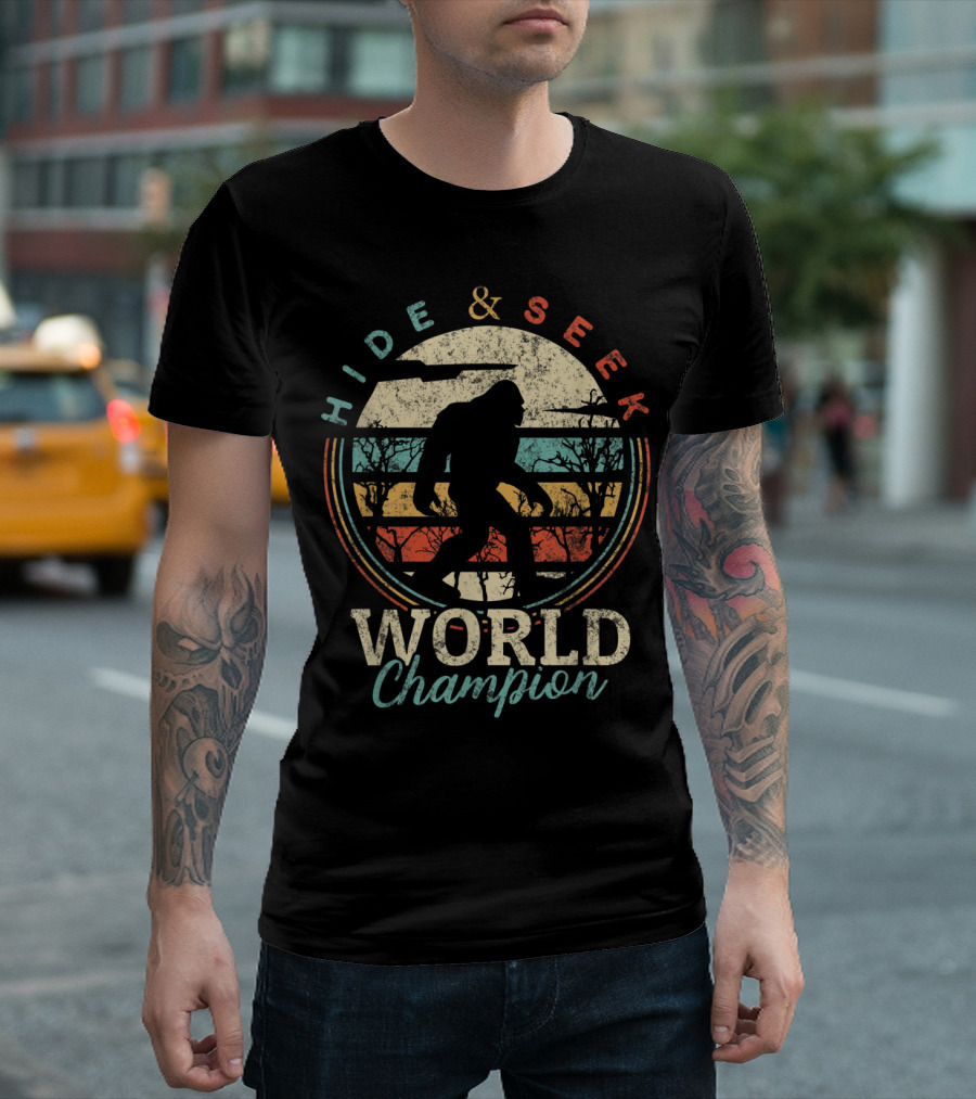 Hide and Seek World Champion Bigfoot Sasquatch Retro T-Shirt