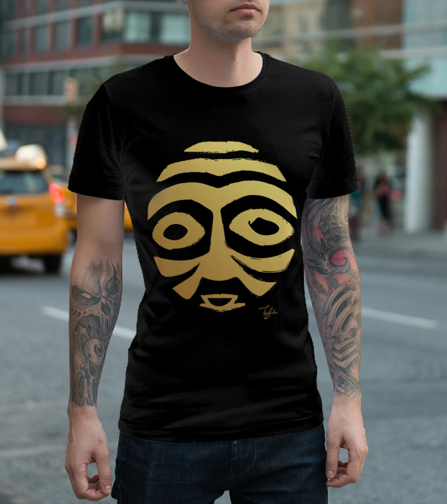Gold Warrior Mask with Black Eyes Bold Abstract Tribal Face T-Shirt