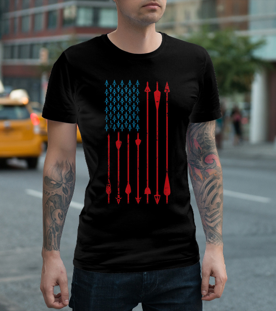 Patriotic American Flag Made from Blue Arrowheads and Red Archery Arrows T-Shirt
