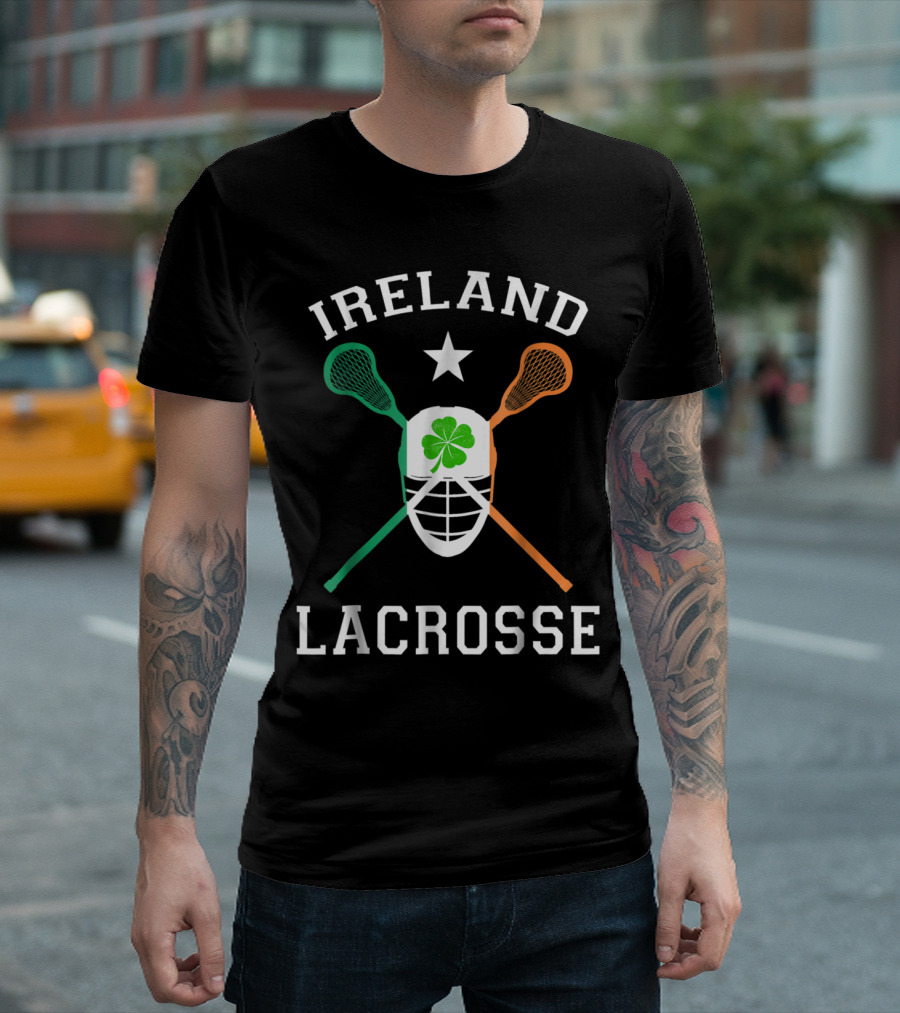 Ireland Lacrosse Shamrock Mask with Irish Flag Lacrosse Sticks T-Shirt