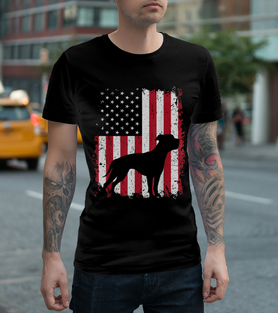 American Bulldog Silhouette Over Distressed USA Flag Fourth of July T-Shirt