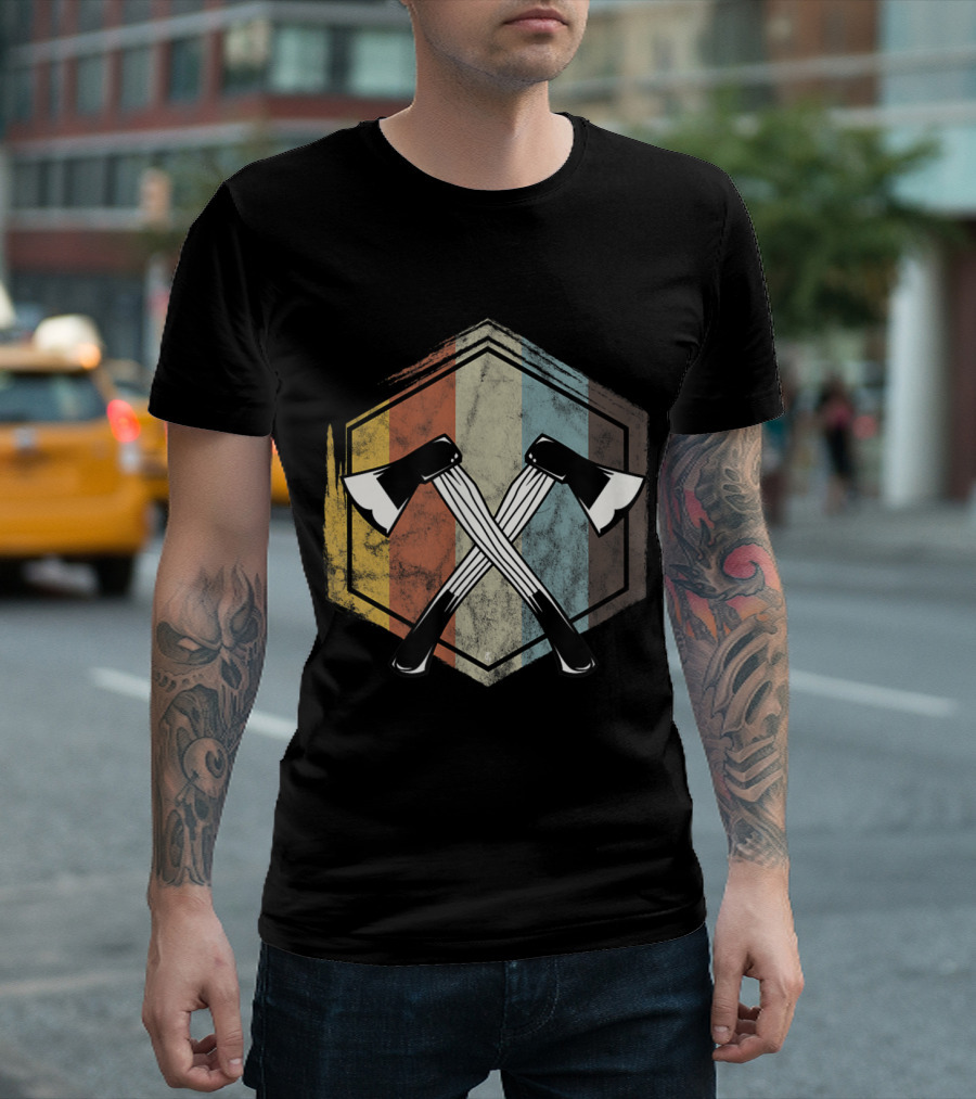 Retro Vintage Crossed Axes Lumberjack Woodworker Emblem T-Shirt