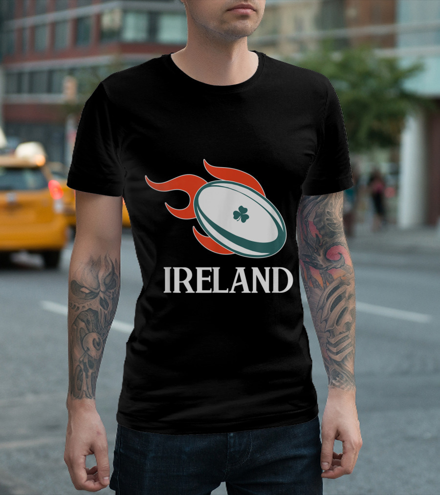 Ireland Rugby Flaming Rugby Ball with Shamrock T-Shirt