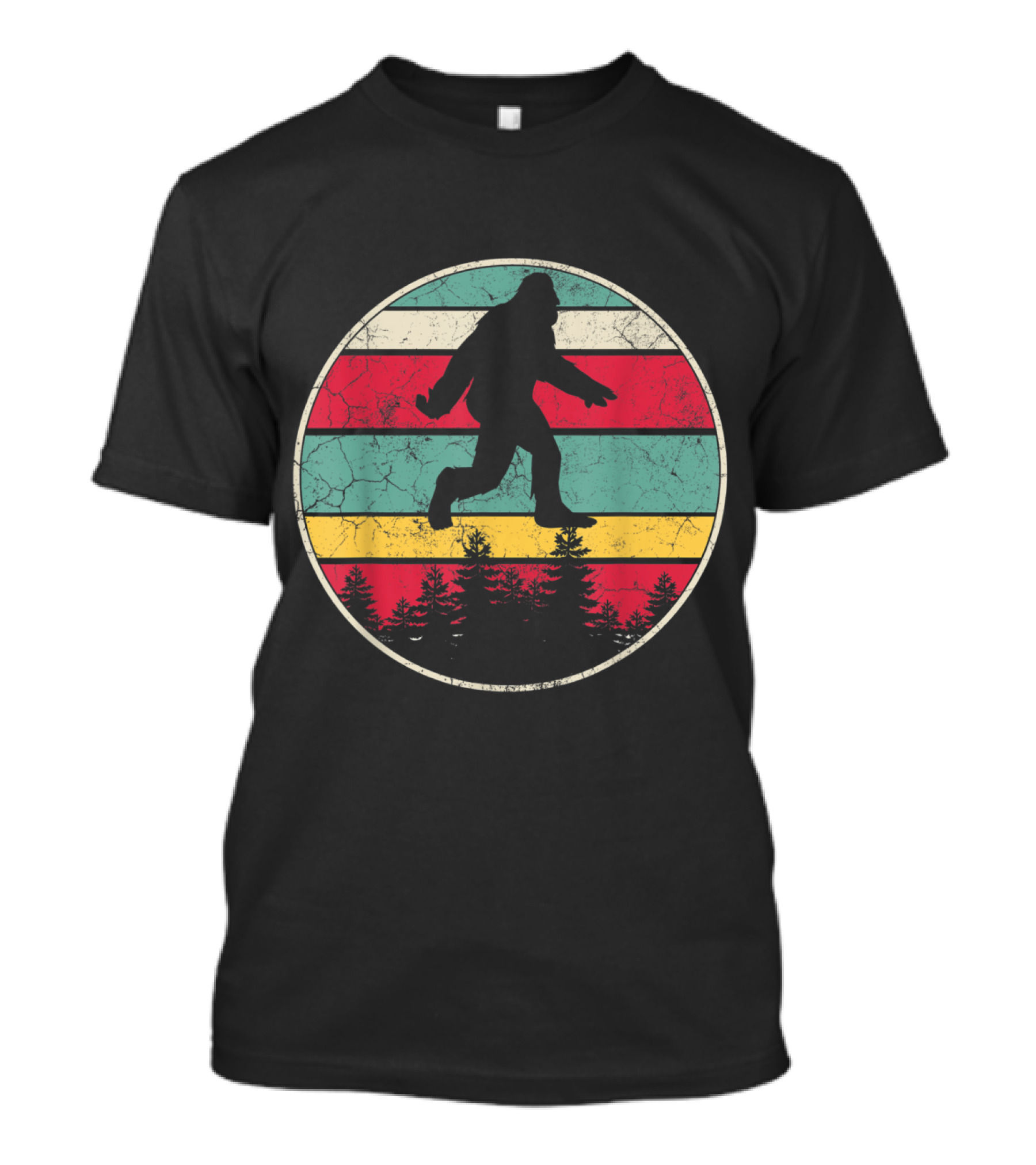 Bigfoot Sasquatch Vintage Retro Forest Silhouette Stripes T-Shirt