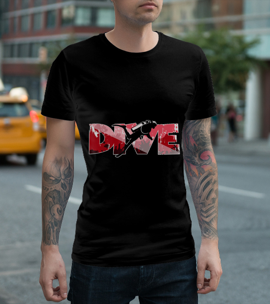 Scuba Diving Diver Silhouette With Bold Red And White DIVE Text T-Shirt