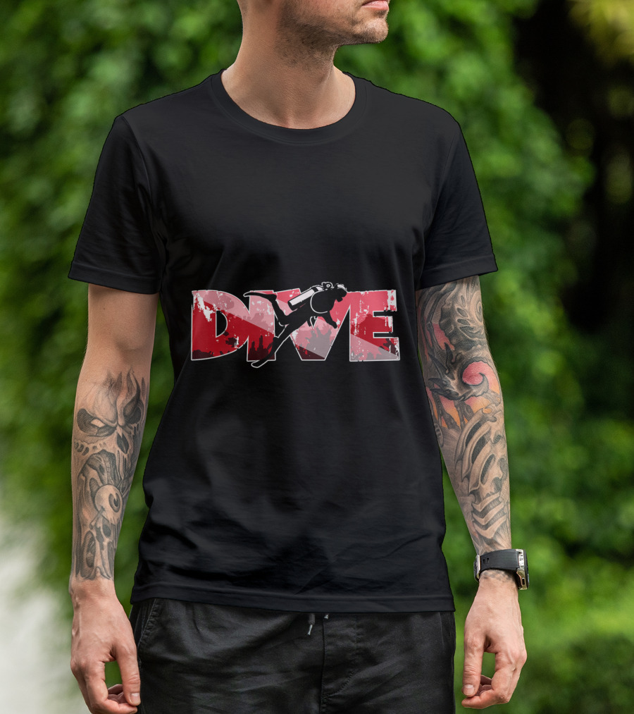 Scuba Diving Diver Silhouette With Bold Red And White DIVE Text T-Shirt