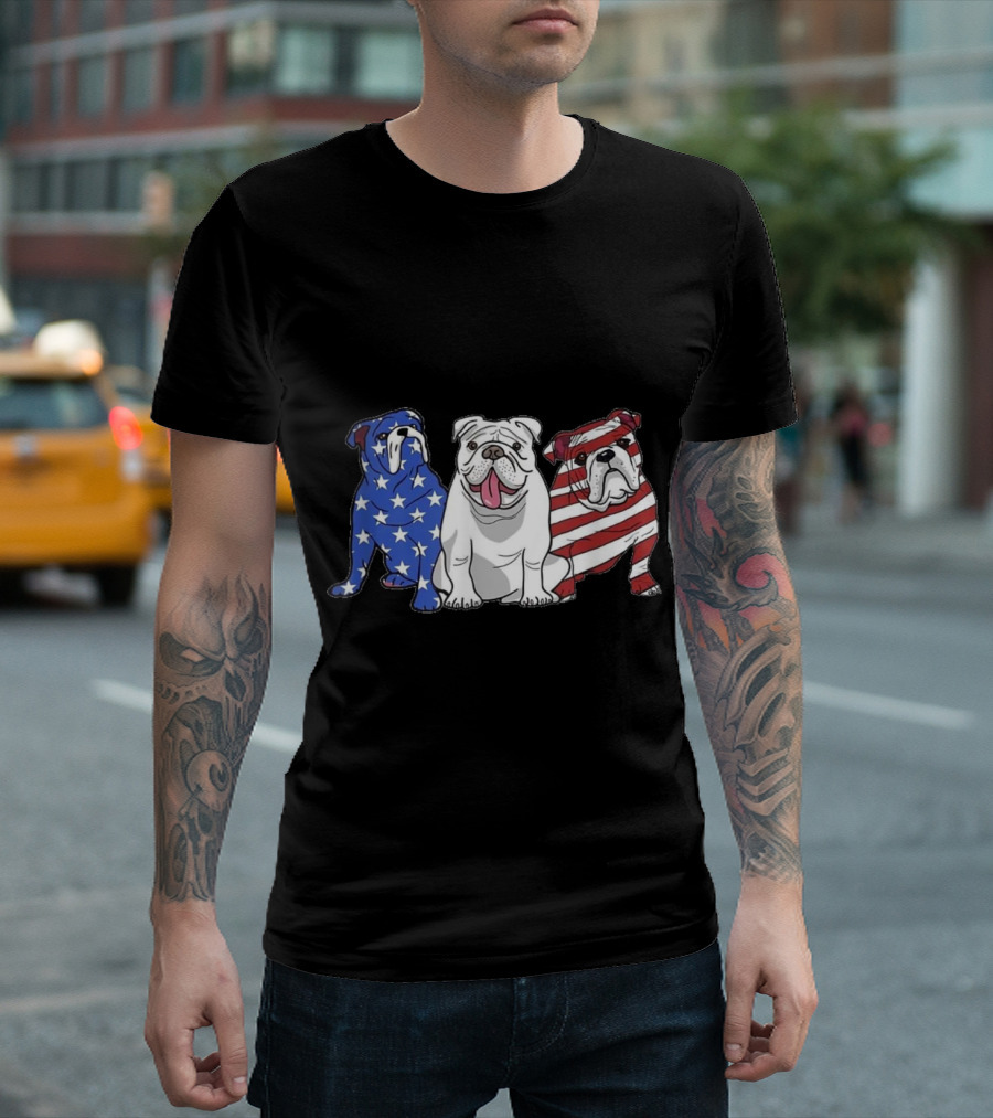 Patriotic American Bulldogs with Stars and Stripes US Flag T-Shirt